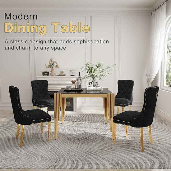 35'' Modern Square Glass Dining Table for 4 People,Black Tempered Glass Top Dining Room Table with Stainless Steel Base, Glass and Gold Dining Table for 4, Rectangle Dining Kitchen Table for Dinner
