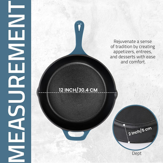 Utopia Kitchen Cast Iron Frying Pan 12 Inch, Cast Iron Chefs Pan, Pre Seasoned Skillet, Safe Grill Cookware for Indoor & Outdoor Use, Teal - Nestoria
