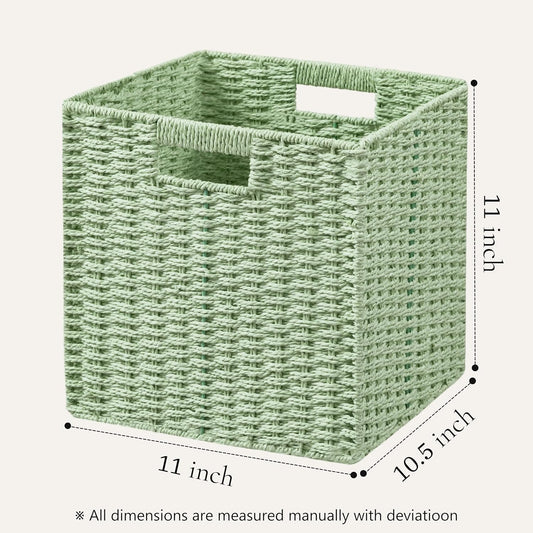 UBBCARE 3 Pack Wicker Basket, 11L×11H×10.5W inch Woven Paper Rope Storage Baskets for shelves, Foldable Cube Storage bin with Handle, Storage Basket for Organizing & Decor, Green