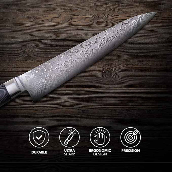 Kagayaki Japanese Chef’s Knife, KGR-1 Professional Petty Knife, Traditional Hammer Forged R-2 Damascus Steel with Ergonomic Linen Micarta Handle, 5.9 inch