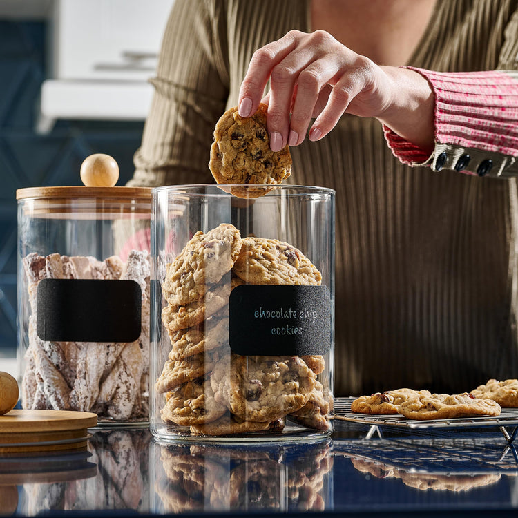 Set of 2 Glass Canisters for Kitchen Counter with Airtight Bamboo Lids + Marker & Labels (2 Count)