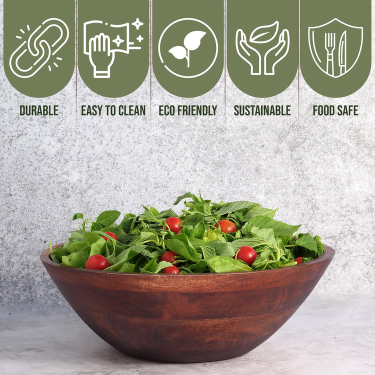 12" Dark Burnt Wooden Salad Bowl Set with Serving Utensils Eco