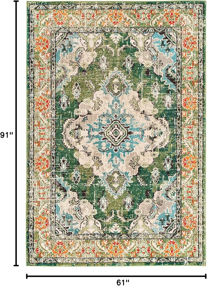 SAFAVIEH Monaco Collection Area Rug - 5'1" x 7'7", Forest Green & Light Blue, Non-Shedding & Easy to Clean, Distressed Medallion Design, Ideal for Living Room, Bedroom, Dining Space (MNC243F)