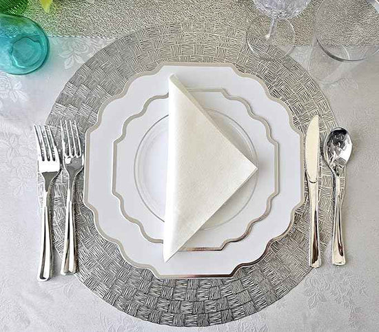 " OCCASIONS " 320 Piece set (40 Guests)-Heavyweight Wedding Party Disposable Plastic Plate Set - 40 x 10.5'' + 40 x 8'' + Silverware + 12oz Cups + Napkins (Imperial in White & Silver Rim)