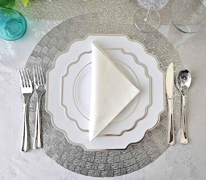 " OCCASIONS " 320 Piece set (40 Guests)-Heavyweight Wedding Party Disposable Plastic Plate Set - 40 x 10.5'' + 40 x 8'' + Silverware + 12oz Cups + Napkins (Imperial in White & Silver Rim)