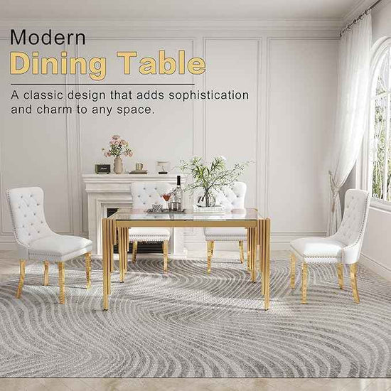 51'' Modern Glass Dining Table for 4 People,Tempered Glass Top Dining Room Table with Stainless Steel Base, Glass and Gold Dining Table for 4, Rectangle Dining Kitchen Table for Dinner