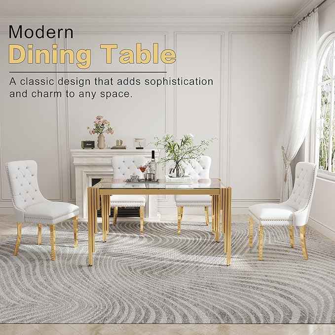 51'' Modern Glass Dining Table for 4 People,Tempered Glass Top Dining Room Table with Stainless Steel Base, Glass and Gold Dining Table for 4, Rectangle Dining Kitchen Table for Dinner