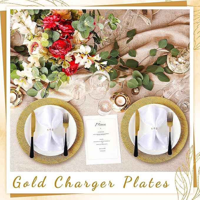 Tanlade 30 Pcs Charger Plates Bulk 13 Inch Plastic Texture Strip Wedding Chargers Floral Decorative Plates with Metallic Ruffled Rim for Wedding Party, Holiday Event Supplies(Gold)