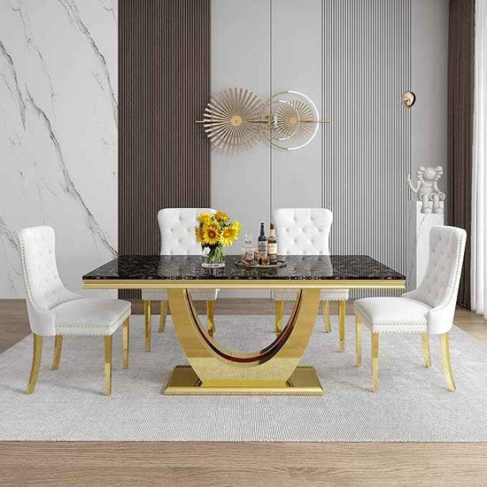 Marble Dining Table Set for 6,70" Black Faux Marble Kitchen Tables and Velvet Chairs for 6,7 Piece Luxury Dining Room Table Set and 6 Upholstered Chairs with Gold Stainless Steel Bases