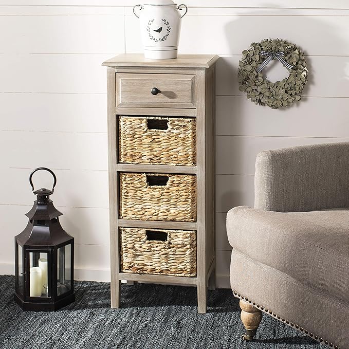 SAFAVIEH Home Collection – Michaela White Washed Storage Unit with Woven Basket Drawers, British Colonial Farmhouse Accent Storage, Fully Assembled (AMH5744E)