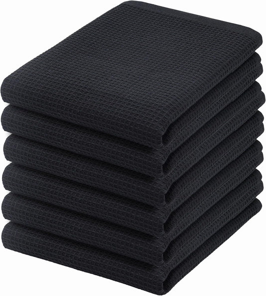 PurpleEssences Waffle Weave Kitchen Towel, 100% Cotton - 15 x 25 Inches, with Hanging Loop Ultra Soft Absorbent Quick Drying Dish Cloth, Tea and Hand Towels, 6 Pack - Spring Summer - Black - Nestoria