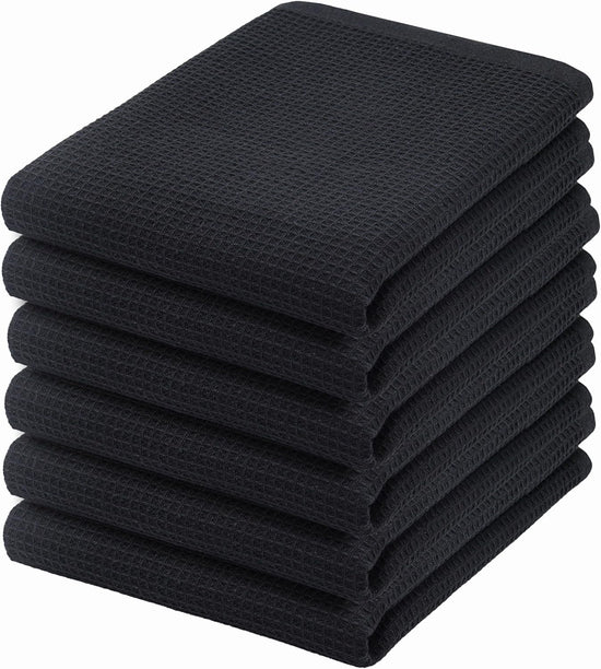 PurpleEssences Waffle Weave Kitchen Towel, 100% Cotton - 15 x 25 Inches, with Hanging Loop Ultra Soft Absorbent Quick Drying Dish Cloth, Tea and Hand Towels, 6 Pack - Spring Summer - Black - Nestoria