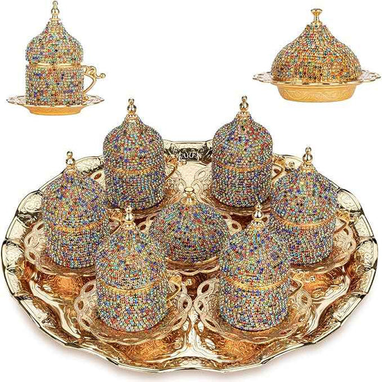 Alisveristime Crystal Embellished Turkish Coffee Set – 27 Pieces – Decorative Zamac Espresso Cups, Saucers and Sugar Bowl with Tray – Available in Three Color Variations (Multi)