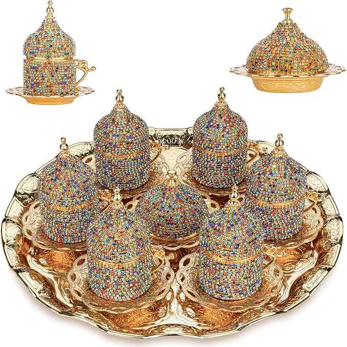 Alisveristime Crystal Embellished Turkish Coffee Set – 27 Pieces – Decorative Zamac Espresso Cups, Saucers and Sugar Bowl with Tray – Available in Three Color Variations (Multi)