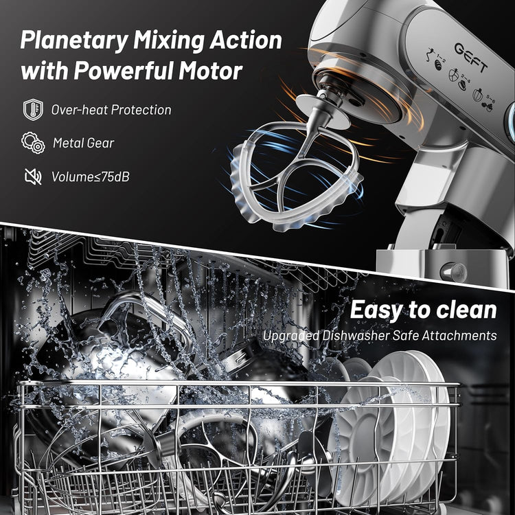 Stand Mixer, 3.5QT+6QT Two Bowls Kitchen Electric Mixer, 600W 6+P speed Tilt-Head Food Mixer with Stainless Steel Bowl, Dishwasher-Safe Dough Hook, Flat Beater, Wire Whisk, Splash Guard, Grey