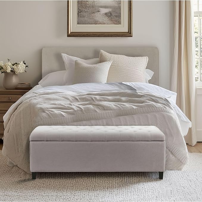 Madison Park Entryway Accent Bench for Living Room Flip Top Storage Chest, Shandra Tufted Top Upholstered Storage Bench End of Bed for Bedroom Furniture, Indoor Seating, 49" Wide, Natural