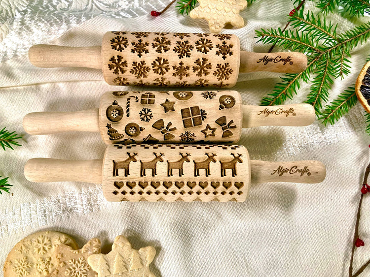 CHRISTMAS 3 Mini Embossed Rolling Pin Set Wooden Laser Engraved Textured rolling pins with Snowflakes