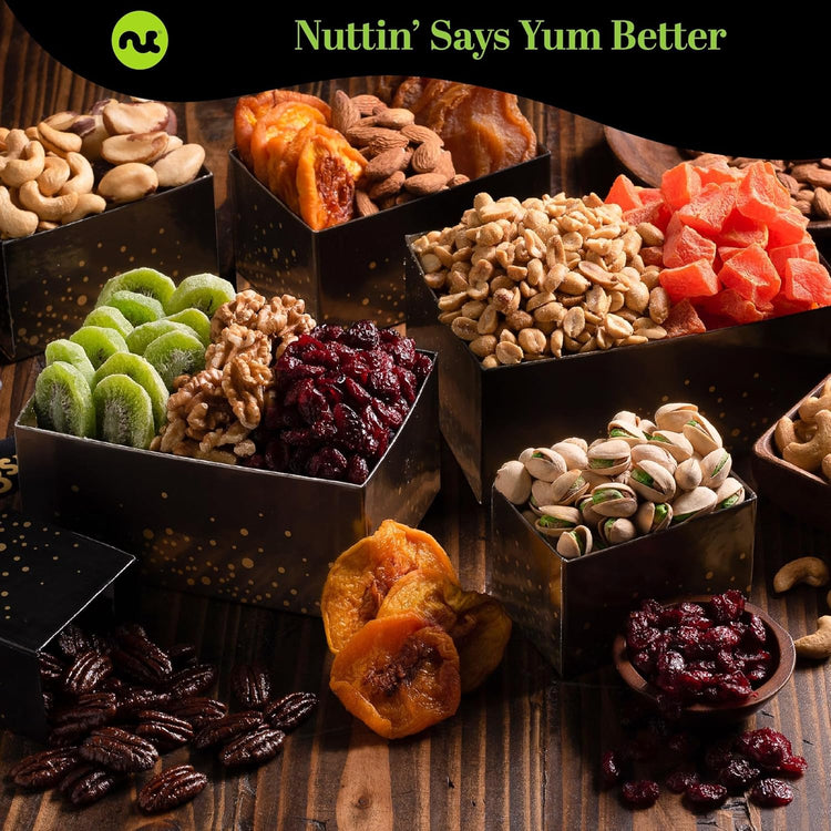 NUT CRAVINGS - Dried Fruit & Mixed Nuts Gift Basket in Black Tower + Ribbon (12 Assortments) Food Arrangement, Healthy Snack Care Package, Food Assortments