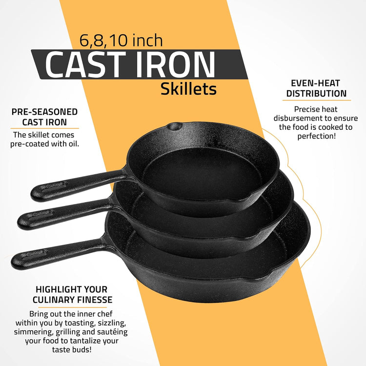 Utopia Kitchen Cast iron Skillets 3 Piece Set, Chefs Pan, Pre Seasoned Cast iron Skillets, 6, 8 & 10 Inches, Easy Use in the Oven, Stove, Grill, or Campfire, Black - Nestoria