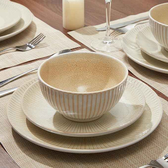 Ceramic Dinnerware Sets for 4, 12 Pieces Embossed Stoneware Plates and Bowls Sets, Scratch Resistant Dish Sets, Distinctive Granulated Surface, Housewarming Wedding Gift, Brown