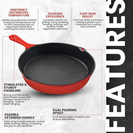 Utopia Kitchen Cast iron Skillets 3 Piece Set,Chefs Pan, Pre Seasoned Cast iron Skillets, 6, 8 & 10 Inches, Easy Use in the Oven, Stove, Grill, or Campfire, Red - Nestoria