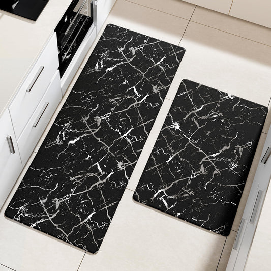 Silver Foil Stamped Marble Kitchen Mats for Floor 2PCS Cushioned Anti Fatigue Non Slip Waterproof Comfort Leather Kitchen Rugs 2 (18.03 sq ft Count)