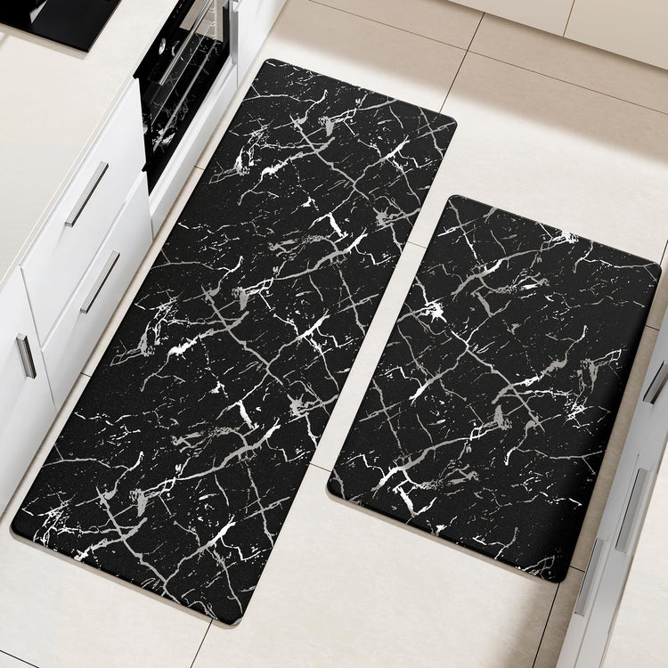 Silver Foil Stamped Marble Kitchen Mats for Floor 2PCS Cushioned Anti Fatigue Non Slip Waterproof Comfort Leather Kitchen Rugs 2 (18.03 sq ft Count)