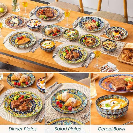 vancasso Plates and Bowls Sets,12-Piece Porcelain Dinnerware Set Service for 4, Bohemian Style Dishes Set for 4, Kitchen Dinner Set, Microwave and Dishwasher Safe, Scratch Resistant, Series KRVI