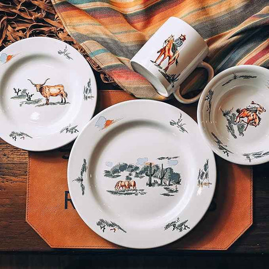Paseo Road Ranch Life 16 Piece Ceramic Dinnerware Set with Plates, Bowls, Coffee Mugs, Duffle Bag, Cow Longhorn Horse Cowboy Pattern, Southwestern Rustic Cabin Lodge Style