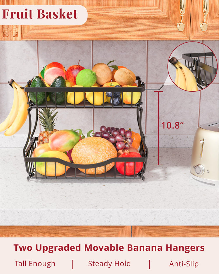 Large 2 Tier Fruit Basket for Kitchen Counter with 2 Banana Hangers