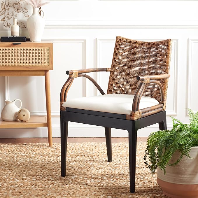 SAFAVIEH Home Collection - Gianni Brown & Black Solid Wood Rattan Arm Chair, Tropical Coastal Accent Seating for Living Room or Dining Space (SEA4011A)