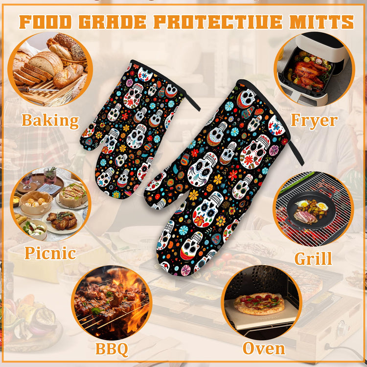 Day of The Dead Skull Mexican Oven Mitts and Pot Holders Set (4 Count)