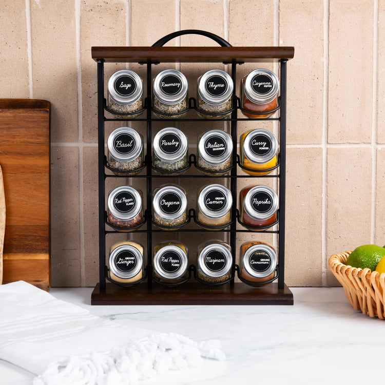 16 Jar Acacia Wood Vertical Spice Rack with Spices Included & 5
