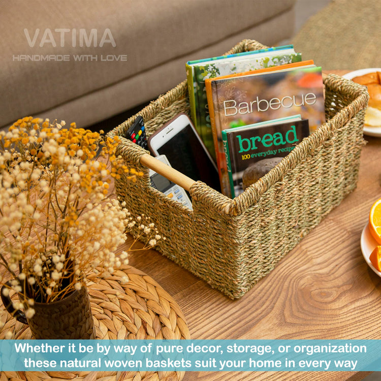 Large Wicker Basket Rectangular with Wooden Handles for Shelves (3 Count)