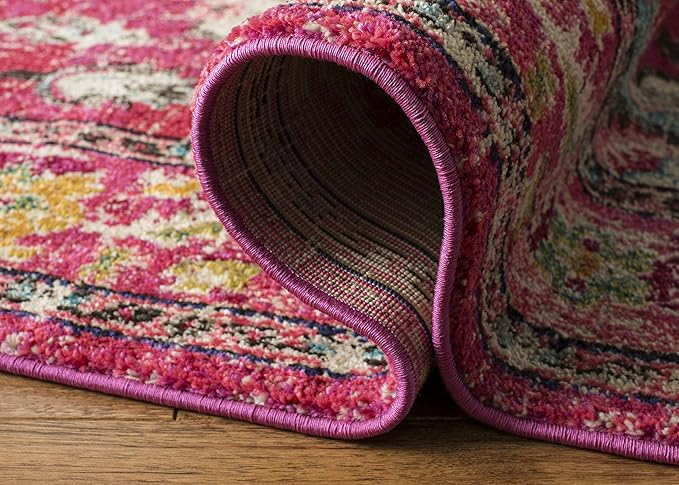 SAFAVIEH Monaco Collection Area Rug - 6'7" x 9'2", Pink & Multi, Non-Shedding & Easy to Clean, Distressed Medallion Design, Ideal for Living Room, Bedroom, Dining Space (MNC243D)