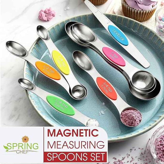 Spring Chef Stainless Steel Magnetic Measuring Spoons Set of 8 with Leveler, Nesting Metal Teaspoon & Tablespoon Measuring Spoons, Kitchen Gadgets for Baking & Cooking, Fits in Most Spice Jars - Neon