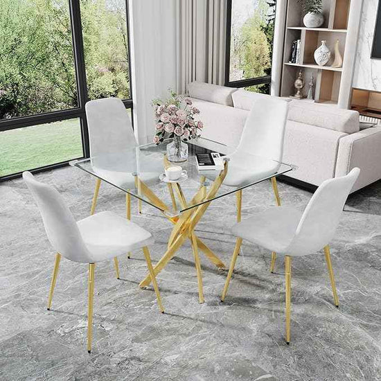 AF ARTISAN FURNITURE 36" Square Glass Dining Table Set for 4, 5-Piece Modern Kitchen Table with 4 White Velvet Chairs, Modern Circle Leisure Table for Home Office Dining Room Small Spaces (Gold Leg)