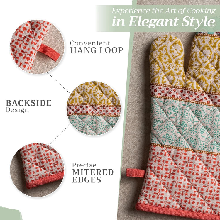 Maison d' Hermine 100% Cotton Oven Mitt & Pot Holder Set (7.5"x13" & 8"x8") Heat Resistant BBQ Cooking Gloves with Loop, Baking, Grilling, Kitchen, Handling Hot Pans Spring/Summer (Provence)