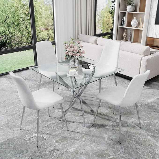 36" Square Glass Dining Table Set for 4, 5-Piece Modern Kitchen Table with 4 White Velvet Chairs, Modern Circle Leisure Table for Home Office Dining Room Small Spaces (Silver Leg)
