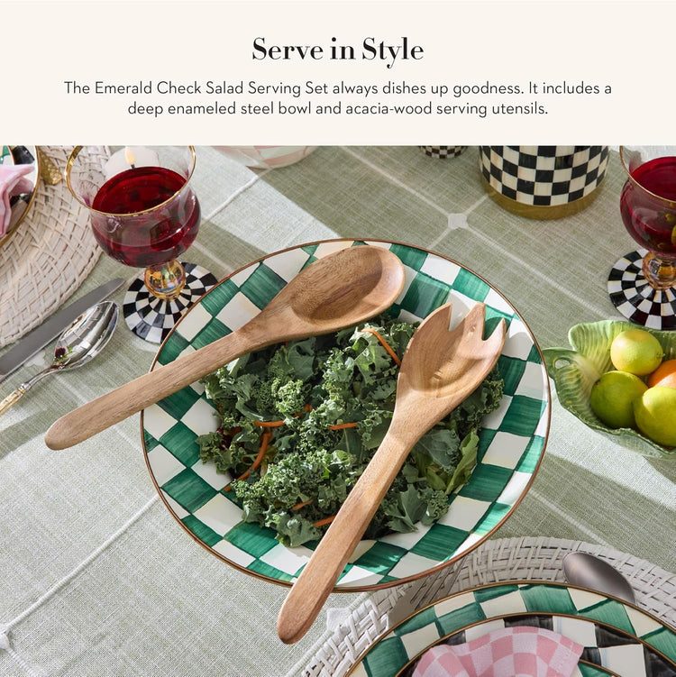 MACKENZIE-CHILDS Enamel Salad Serving Set, Enamel Bowl and Wooden Salad Servers, Decorative Kitchen Set, Green-and-White Emerald Check