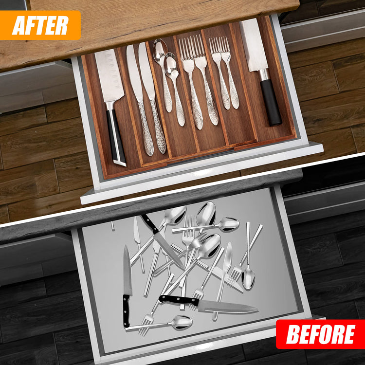 Acacia Silverware Organizer Kitchen Drawer Organizer Expandable Bamboo Utensil Holder Cutlery Tray for Kitchen Utensil and Flatware Bedroom Office