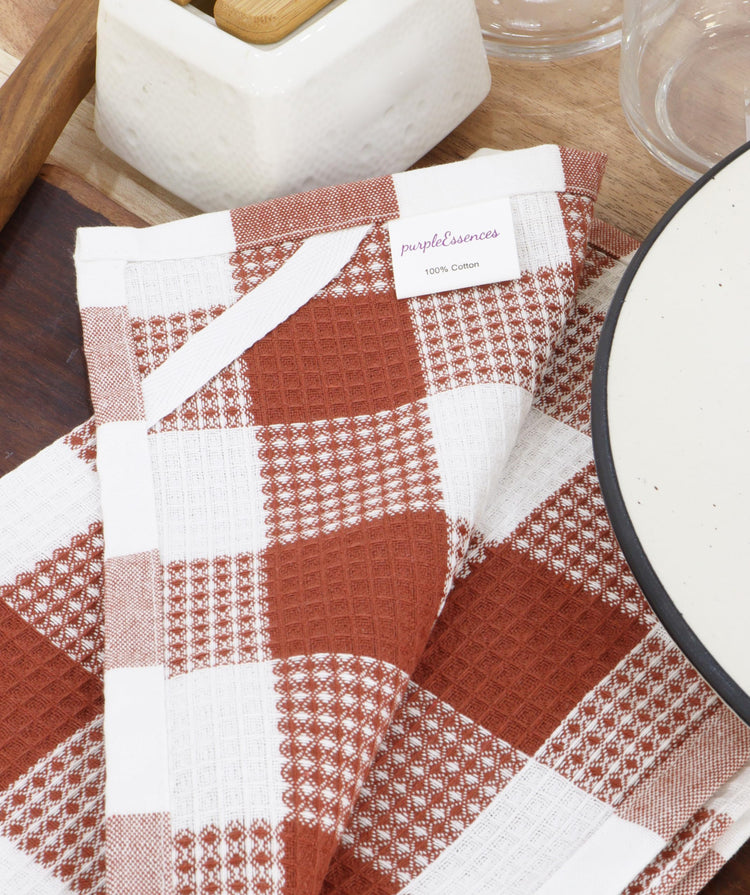 Rust 100% Cotton Waffle Weave Check Plaid Kitchen Towels