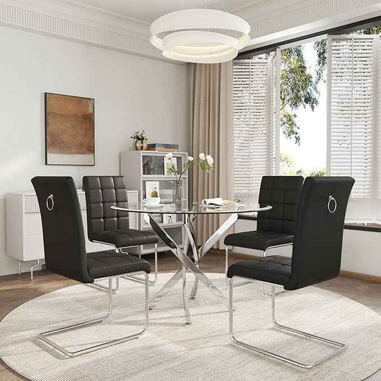 AF ARTISAN FURNITURE 5 Piece Round Glass Dining Table Set, Silver Glass Kitchen Table Set for 4 Modern Table Set with 4 Black PU Upholstered Dining Chairs, for Small Space, Breakfast Nook