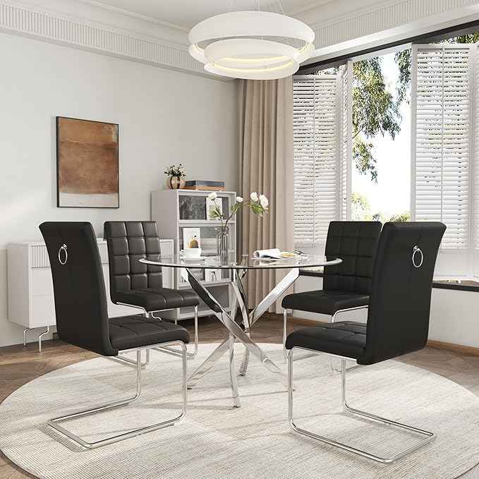 AF ARTISAN FURNITURE 5 Piece Round Glass Dining Table Set, Silver Glass Kitchen Table Set for 4 Modern Table Set with 4 Black PU Upholstered Dining Chairs, for Small Space, Breakfast Nook