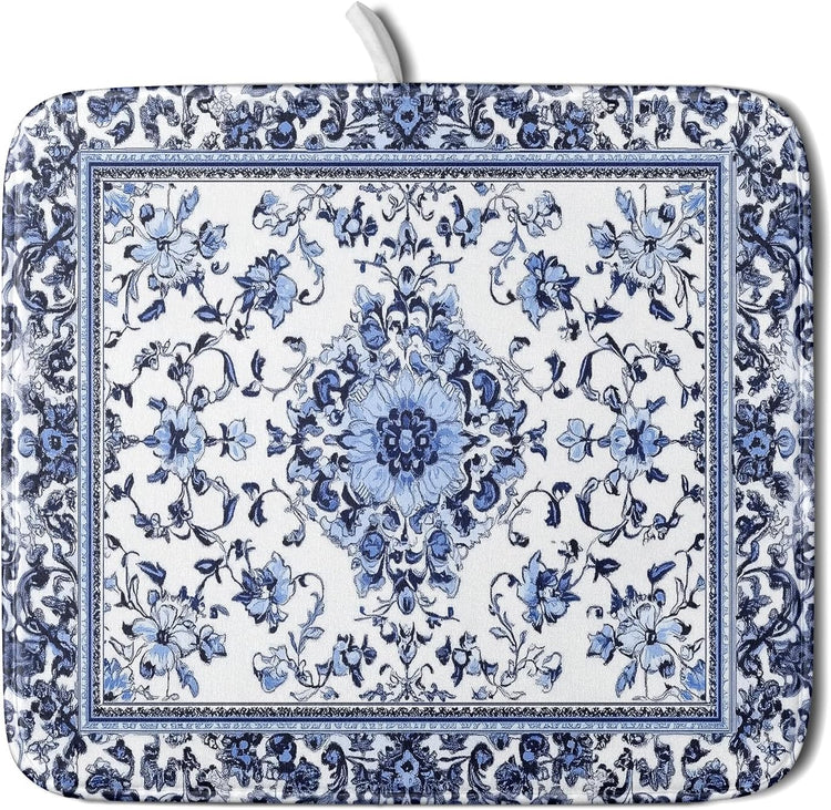 Boho Floral Dish Drying Mat 16x18 Inch Blue Leaves Kitchen Drying Pad Reversible Absorbent Dish Drainer Rack Mats Counter Tableware Decor