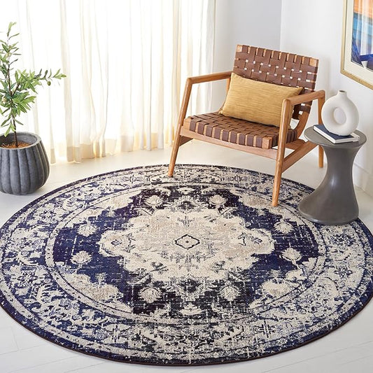 SAFAVIEH Monaco Collection Area Rug - 8' x 10', Ivory & Navy, Non-Shedding & Easy to Clean, Distressed Medallion Design, Ideal for Living Room, Bedroom, Dining Space (MNC243C)