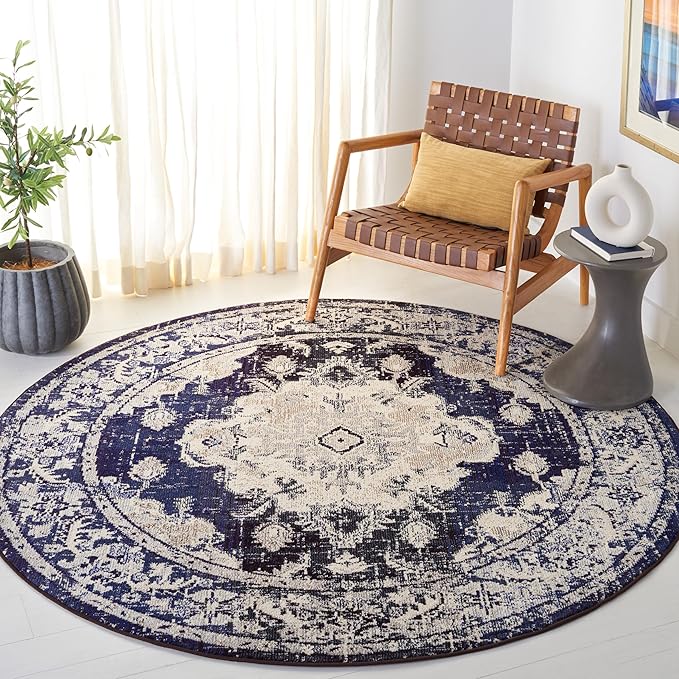 SAFAVIEH Monaco Collection Area Rug - 9' x 12', Ivory & Navy, Non-Shedding & Easy to Clean, Distressed Medallion Design, Ideal for Living Room, Bedroom, Dining Space (MNC243C)