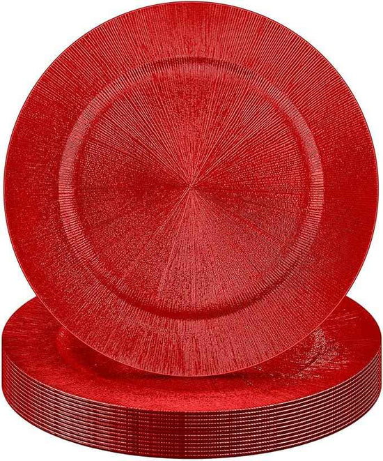 Tanlade 12 Pcs Charger Plates Bulk 13 Inch Plastic Round Wedding Chargers Floral Decorative Plates with Metallic Ruffled Rim for Wedding Party, Holiday Event Supplies(Red)