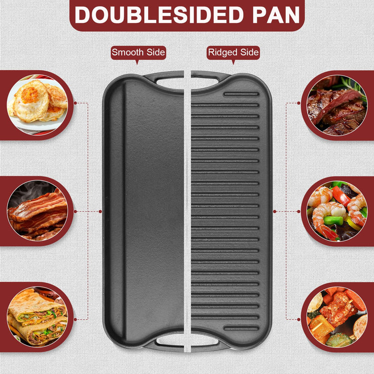 20" x 10.5" Reversible Cast Iron Griddle Pan for 2 Burner Stovetops