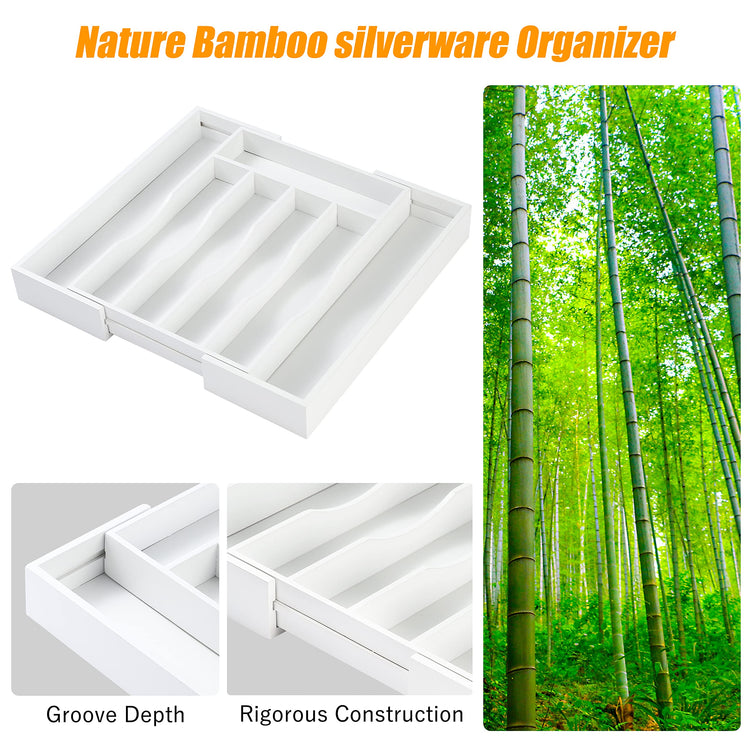 White Silverware Organizer Kitchen Drawer Organizer Expandable Bamboo Utensil Holder Cutlery Tray for Kitchen Utensil and Flatware Bedroom Office